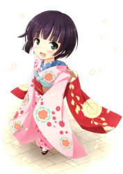 Rule 34 | 1girl, altivr, black hair, fang, floral print, green eyes, highres, ikoku meiro no croisee, japanese clothes, kanzaki sora, kimono, open mouth, sandals, short hair, simple background, sleeves past wrists, solo, standing, tabi, yune (ikoku meiro no croisee)