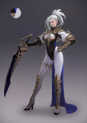 Rule 34 | 1girl, absurdres, armor, asymmetrical bangs, breasts, closed mouth, commentary, full body, gauntlets, gradient background, hand on own hip, head tilt, high heels, high ponytail, highres, holding, holding sword, holding weapon, kim han seul, looking at viewer, medium breasts, original, purple eyes, silver hair, solo, standing, sword, underboob, weapon
