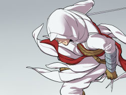 Rule 34 | 1boy, altair ibn la-ahad, assassin&#039;s creed, assassin&#039;s creed (series), bad id, bad pixiv id, belt, blade, boots, faceless, faceless male, gloves, grey background, hinoe (dd works), hood, male focus, sash, serious, simple background, solo, strap, sword, vambraces, weapon