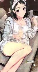 Rule 34 | 1girl, absurdres, alcohol, bare legs, black hair, blush, bra strap, breasts, brown eyes, camisole, champagne, character name, cleavage, closed mouth, collarbone, copyright name, couch, cup, drinking glass, dutch angle, feet out of frame, fingernails, hand up, headband, highres, holding, holding cup, holding drinking glass, hood, hood down, hooded jacket, jacket, light particles, looking at viewer, lying, medium breasts, medium hair, on couch, on side, open clothes, open jacket, pillow, ponkan 8, shirt, short shorts, shorts, sleeveless, sleeveless shirt, smile, solo, spaghetti strap, strap, white shorts, yahari ore no seishun lovecome wa machigatteiru., yukinoshita haruno