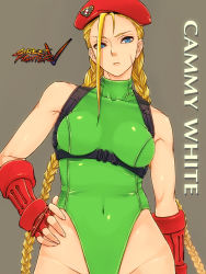 Rule 34 | 1girl, ahoge, bad id, bad pixiv id, beret, blonde hair, blue eyes, braid, breasts, cammy white, capcom, character name, collarbone, contrapposto, copyright name, covered navel, elbow gloves, fingerless gloves, gloves, hand on own hip, harness, hat, highleg, highleg leotard, holster, huge ahoge, large breasts, leotard, long hair, looking at viewer, navel, nose, r (waru), red gloves, scar, simple background, skin tight, solo, standing, street fighter, street fighter v, twin braids, very long hair