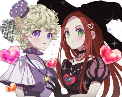 Rule 34 | 2girls, blonde hair, chocolat meilleure, commentary, gloves, green hair, hat, heart, heart pendant, jewelry, looking at viewer, mini hat, multiple girls, orange hair, pendant, puffy short sleeves, puffy sleeves, puracotte, purple eyes, short sleeves, sidelocks, simple background, smile, sugar sugar rune, tears, vanilla mieux, white background