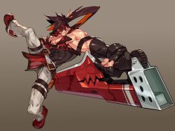 Rule 34 | abs, bara, bare pectorals, belt, biceps, brown hair, commission, gloves, guilty gear, headband, jacket, loincloth, long sideburns, male focus, muscular, muscular male, na insoo, pants, pectorals, ponytail, sideburns, sleeveless, smirk, sol badguy, solo, spiked hair, thick arms, thick thighs, thighs, tight clothes, veins, veiny arms, weapon