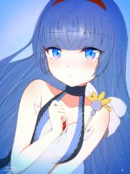 Rule 34 | 1girl, bare shoulders, blue eyes, blue hair, blunt bangs, blush, borrowed character, bow, closed mouth, collarbone, expressionless, hair bow, hairband, highres, long hair, looking at viewer, original, sana hamada, solo, very long hair, white bow