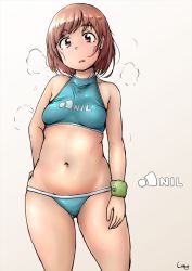 Rule 34 | 1girl, puff of air, breasts, brown hair, commentary request, gluteal fold, gradient background, hand on own hip, hand on own thigh, highres, looking at viewer, navel, original, red eyes, shigekikkusu, signature, solo, standing, tareme, wristband