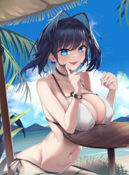 Rule 34 | 1girl, :d, absurdres, arched back, beach umbrella, bikini, black hair, blue eyes, blue hair, blue sky, blurry, breast rest, breasts, cleavage, cloud, day, depth of field, elbow rest, fang, flower, hair flower, hair intakes, hair ornament, hibiscus, highres, hololive, hololive english, huge breasts, index finger raised, looking at viewer, navel, open mouth, ouro kronii, outdoors, red flower, rpg (ram), short hair, side-tie bikini bottom, sitting, sky, smile, solo, stomach, swimsuit, table, umbrella, virtual youtuber
