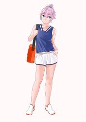 Rule 34 | 1girl, alternate costume, aoba (kancolle), bad id, bad twitter id, bag, blue scrunchie, blue shirt, casual, contrapposto, green eyes, hand in pocket, highres, kantai collection, looking at viewer, messy hair, ojipon, ponytail, purple hair, scrunchie, shirt, short hair, short ponytail, shorts, simple background, sleeveless, sleeveless shirt, solo, standing, white background, white footwear, white shorts