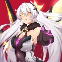 Rule 34 | 1girl, armor, armored dress, asymmetrical wings, black gloves, breasts, cleavage, commentary, diamond-shaped pupils, diamond (shape), energy wings, english commentary, eyebrows hidden by hair, floating, floating object, floating weapon, fur collar, gloves, hair ornament, highres, honkai (series), honkai impact 3rd, kiana kaslana, kiana kaslana (herrscher of the void), large breasts, lion space, long hair, starfish hair ornament, symbol-shaped pupils, upper body, white hair, wings, yellow eyes