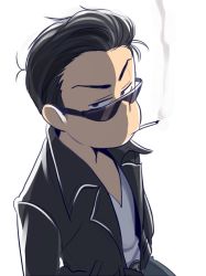 Rule 34 | 10s, 1boy, bad id, bad twitter id, black hair, blue eyes, cigarette, cowboy shot, dutch angle, hair slicked back, hand in pocket, jacket, leather, leather jacket, looking at viewer, male focus, matsuno karamatsu, osomatsu-kun, osomatsu-san, osomatsu (series), shaded face, short hair, simple background, smoking, solo, sunglasses, v-neck, white background, yorude guutarou