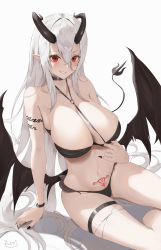 Rule 34 | 1girl, absurdres, bad id, bad pixiv id, bare shoulders, bikini, black bikini, black choker, black nails, breasts, choker, cleavage, curled horns, demon girl, demon horns, demon tail, demon wings, fingernails, grin, hair between eyes, highres, horns, large breasts, long hair, looking at viewer, mole, mole under eye, nail polish, o-ring, original, pointy ears, pubic tattoo, red eyes, renge (730), sharp fingernails, simple background, sitting, smile, solo, swimsuit, tail, tattoo, thigh strap, very long hair, white background, white hair, wings