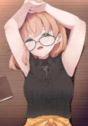 1girl absurdres aqua_eyes armpits arms_up black-framed_eyewear black_shirt blush book breasts collared_shirt commentary_request crossed_bangs cum cum_on_body cum_on_clothes cum_on_eyewear cum_on_hair d: facial frilled_shirt frills glasses highres hinoshita_kaho hinoshita_kaho_(ishikawa_prefectural_library) link!_like!_love_live! looking_at_viewer love_live! medium_breasts medium_hair official_alternate_costume open_mouth orange_hair orange_nails orange_skirt parisnoko shirt shirt_tucked_in skirt sleeveless sleeveless_shirt solo two_side_up virtual_youtuber