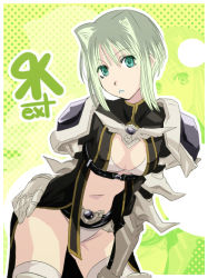Rule 34 | 1girl, armor, bent over, character request, cleavage cutout, clothing cutout, fantasy, green eyes, green hair, leaning forward, lipstick, makeup, matching hair/eyes, midriff, mr.romance, ragnarok online, rune knight (ragnarok online), short hair, solo, thighhighs