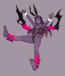 Rule 34 | 1girl, animal ears, armpits, ass, barefoot, breasts, cleavage, colored skin, demon horns, demon wings, fake animal ears, full body, grey background, grin, hair between eyes, head tilt, highres, horns, leotard, long hair, looking at viewer, navel, original, outstretched arms, playboy bunny, pointy ears, purple eyes, purple hair, purple skin, rabbit ears, simple background, smile, solo, sore wa bokutachi no kiseki, torn clothes, wings, wrist cuffs, yuuji (and)