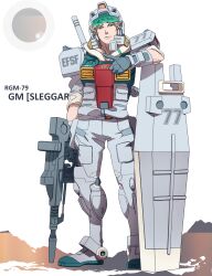 Rule 34 | 1boy, 8823, armor, beam rifle, blonde hair, character name, closed mouth, commentary request, earth federation space forces, energy gun, gloves, gm (mobile suit), green eyes, grey gloves, grey jacket, grey pants, gun, gundam, helmet, highres, holding, holding gun, holding weapon, jacket, light smile, looking at viewer, male focus, mecha danshi, mobile suit gundam, mobile suit gundam the origin, pants, personification, planted shield, shield, shoulder armor, sleeves rolled up, solo, standing, thrusters, thumbs up, weapon