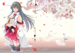 Rule 34 | 1girl, bird, boots, branch, breasts, brown eyes, cherry blossoms, detached sleeves, frilled skirt, frills, grey hair, hair ornament, hairband, hairclip, haruna (kancolle), haruna kai ni (kancolle), headgear, japanese clothes, kantai collection, long hair, map (blue catty), medium breasts, nontraditional miko, red skirt, ribbon-trimmed sleeves, ribbon trim, skirt, smile, solo, standing, swan, thigh boots, wading, wide sleeves