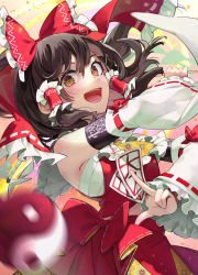 Rule 34 | 1girl, abstract background, ascot, back bow, bare shoulders, black hair, blush, bow, brown eyes, chest sarashi, commentary request, detached sleeves, duplicate, floral print, frilled ascot, frilled bow, frilled sleeves, frills, gohei, hair between eyes, hair bow, hair tubes, hakurei reimu, holding, japanese clothes, long hair, midriff peek, nontraditional miko, ofuda, open mouth, orb, pixel-perfect duplicate, red bow, red skirt, resolution mismatch, ribbon-trimmed sleeves, ribbon trim, sarashi, sidelocks, skirt, smile, solo, source smaller, syuri22, touhou, white sleeves, wide sleeves, yellow ascot, yin yang, yin yang orb