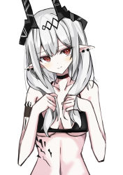 Rule 34 | 1girl, absurdres, arknights, bare shoulders, bikini, blush, choker, closed mouth, demon girl, demon horns, ear piercing, hair ornament, hairclip, highres, holding, holding hair, horns, long hair, material growth, navel, oripathy lesion (arknights), piercing, pointy ears, red eyes, silver hair, simple background, solo, swimsuit, touko (toko12 tooko), upper body, white background