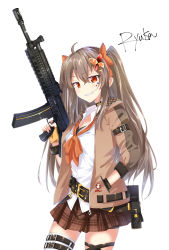 Rule 34 | 1girl, absurdres, arm belt, artist name, assault rifle, belt, belt pouch, bow, brown jacket, brown skirt, butterfly hair ornament, copyright request, facial mark, gun, hair bow, hair ornament, hand in pocket, highres, holding, holding gun, holding weapon, indie virtual youtuber, jacket, long hair, orange bow, pouch, red eyes, rifle, ryuka, shirt, simple background, skirt, smirk, solo, thigh strap, twintails, virtual youtuber, weapon, white background, white shirt, wristband
