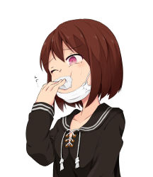 Rule 34 | 1girl, breasts, brown hair, cross-laced clothes, full mouth, gag, gagging, holding, hoojiro (found1093), long sleeves, mask, unworn mask, mouth mask, one eye closed, original, pink eyes, sailor collar, school uniform, serafuku, simple background, small breasts, solo, surgical mask, sweatdrop, white background