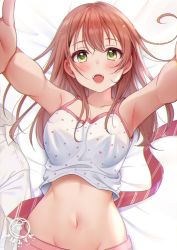 1girl :d armpits bare_arms bare_shoulders bed_sheet camisole crop_top green_eyes groin long_hair looking_at_viewer lying midriff navel necktie on_back open_mouth original outstretched_arms polka_dot red_hair shirt sleeveless sleeveless_shirt smile solo spaghetti_strap stomach tsukana_(saba_mizore) white_shirt