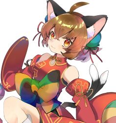 1girl adapted_costume ahoge animal_ear_fluff animal_ears bare_shoulders breasts brown_eyes brown_hair bun_cover cat_ears cat_tail chen closed_mouth commentary_request crossed_bangs detached_sleeves double-parted_bangs dress dutch_angle forked_tail gold_trim hair_between_eyes hair_ribbon hall_jion highres knee_up light_blush light_smile long_sleeves looking_at_viewer medium_breasts nekomata no_headwear red_dress red_ribbon ribbon solo tail touhou wide_sleeves wing_collar