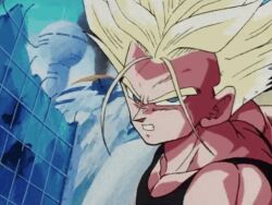 android_18 angry animated animated_gif blonde_hair dragon_ball green_eyes lowres muscular muscular_male punching super_saiyan surprised tagme trunks_(dragon_ball) trunks_(future)_(dragon_ball)