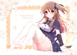 Rule 34 | 1girl, anjou seira, arm at side, assault lily, black capelet, black ribbon, black skirt, blush, border, breasts, brown hair, buttons, capelet, closed mouth, commentary request, dated, detached sleeves, falling petals, floral background, foot up, frilled skirt, frills, full body, hair between eyes, hair ribbon, hand on own chest, hand up, happy birthday, heterochromia, high-waist skirt, highres, jewelry, knees up, kuo shenlin, lace, lace border, long hair, looking at viewer, medium breasts, miniskirt, neck ribbon, no shoes, one side up, ornate border, outside border, petals, pink eyes, ribbon, ring, school uniform, shirt, sidelocks, sitting, skindentation, skirt, smile, solo, suspender skirt, suspenders, thighhighs, white background, white shirt, white thighhighs, yellow eyes, yurigaoka girls academy school uniform