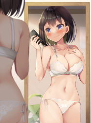 Rule 34 | 1girl, ass, bare arms, bare shoulders, blush, bra, breasts, brown hair, cellphone, cleavage, closed mouth, collarbone, colored inner hair, commentary request, cowboy shot, hand on own chest, hands up, highres, holding, indoors, mirror, mori airi, multicolored hair, navel, original, panties, phone, short hair, side-tie panties, smartphone, smile, sweatdrop, underwear, underwear only, white bra, white panties