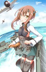 Rule 34 | 10s, 1girl, aircraft, airplane, bad id, bad pixiv id, bike shorts, blush, brown eyes, brown hair, cloud, day, headband, headgear, kantai collection, looking at viewer, ocean, personification, sayossa (pak-front), short hair, skirt, sky, solo, taihou (kancolle), thighhighs