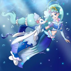 Rule 34 | air bubble, blue eyes, blue hair, blush, bubble, creatures (company), cure mermaid, cure mermaid (mode elegant bubble), detached sleeves, game freak, gen 7 pokemon, highres, jewelry, long hair, looking at another, midriff, necklace, nintendo, open mouth, paf327, pearl hair ornament, pearl necklace, pokemon, pokemon (creature), primarina, smile, swimming, tail, twitter username, underwater