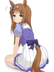 Rule 34 | 1girl, animal ears, aqua eyes, blush, brown hair, clothing cutout, from behind, grass wonder (umamusume), highres, horse ears, horse girl, horse tail, long hair, looking at viewer, looking back, pleated skirt, school uniform, seiza, shimosazami, simple background, sitting, skirt, solo, summer uniform, tail, tail through clothes, tracen school uniform, umamusume, white background, white skirt