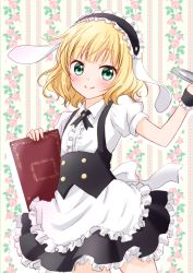 Rule 34 | 1girl, apron, black ribbon, blonde hair, blouse, blush, bracelet, commentary, frilled shirt, frills, gochuumon wa usagi desu ka?, green eyes, holding, holding menu, jewelry, kirima syaro, looking at viewer, maid, maid apron, maid headdress, medium hair, menu, neck ribbon, ribbon, shirt, short sleeves, sidelocks, smile, solo, tiramisu651, white shirt