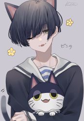 Rule 34 | 1boy, absurdres, animal crossing, animal ears, black eyes, black hair, black shirt, cat, cat ears, cat tail, collarbone, colored sclera, commentary request, extra ears, fangs, floral print, highres, ksb x4, looking at viewer, male focus, nintendo, one eye closed, open mouth, personification, punchy (animal crossing), shirt, short hair, signature, slit pupils, tail, translation request, yellow eyes, yellow sclera