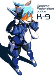 Rule 34 | 1girl, absurdres, armor, blue hair, dog, female focus, formal, furry, furry female, gun, highres, mayoi89g, open mouth, original, police, police uniform, ramune (mayoi89g), red eyes, solo, suit, uniform, visor, weapon