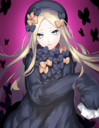 Rule 34 | 1girl, abigail williams (fate), bad id, bad pixiv id, black bow, black dress, black hat, blonde hair, blue eyes, bow, bug, butterfly, commentary request, dress, fate/grand order, fate (series), hair bow, hands in opposite sleeves, hat, head tilt, highres, hugging object, idupiyo, insect, long hair, long sleeves, looking at viewer, orange bow, parted bangs, parted lips, pink background, polka dot, polka dot bow, solo, stuffed animal, stuffed toy, teddy bear, very long hair