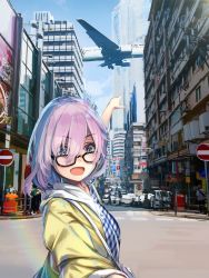 Rule 34 | 1girl, aircraft, airplane, alternate costume, blue sky, building, cityscape, commentary request, day, dress, fate/grand order, fate (series), glasses, hair over one eye, harutoshi, highres, jacket, jet, light purple hair, mash kyrielight, mash kyrielight (senpai killer outfit), official alternate costume, open mouth, outdoors, plaid, plaid dress, pointing, purple eyes, purple hair, road, short hair, sky, solo focus, street, upper body, vehicle, yellow jacket