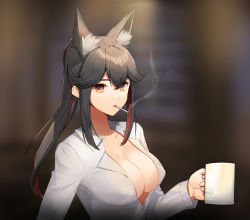 Rule 34 | 1girl, absurdres, alternate hairstyle, animal ear fluff, animal ears, arknights, black hair, blurry, blurry background, breasts, brown eyes, cigarette, cleavage, collarbone, collared shirt, covered erect nipples, cup, extra ears, hair between eyes, highres, holding, holding cup, large breasts, long hair, long sleeves, looking at viewer, mouth hold, mug, multicolored hair, no bra, penguin logistics logo, ponytail, red hair, shirt, shovelwell, sidelocks, smoke, smoking, solo, streaked hair, texas (arknights), two-tone hair, upper body, white shirt, wolf ears
