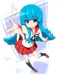 Rule 34 | 10s, 1girl, akata itsuki, black socks, blue eyes, blue hair, character name, full body, happinesscharge precure!, heart, kneehighs, long hair, matching hair/eyes, outstretched hand, pleated skirt, precure, red skirt, school uniform, shirayuki hime, shoes, sidelocks, skirt, smile, socks, solo