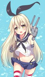 Rule 34 | 1girl, 1other, anchor hair ornament, arms behind back, black panties, blonde hair, blue background, blue sailor collar, blue skirt, commentary request, cowboy shot, crop top, elbow gloves, gloves, grey eyes, hair ornament, highleg, highleg panties, highres, kantai collection, leaning forward, long hair, microskirt, miniskirt, one-hour drawing challenge, open mouth, panties, pleated skirt, rensouhou-chan, ringo sui, sailor collar, shimakaze (kancolle), skirt, smile, striped clothes, striped thighhighs, thighhighs, underwear, white gloves