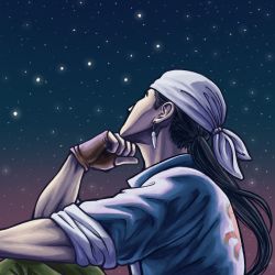Rule 34 | 1boy, bandana, black hair, blue shirt, brown gloves, chinese clothes, collared shirt, earrings, facing away, fingerless gloves, gloves, green pants, highres, long hair, looking up, low ponytail, night, night sky, pants, ponytail, profile, ren wu ying, shenmue, shenmue ii, shirt, sideburns, sky, sleeves rolled up, sliverofsand, solo, star (sky), thick arms, thick eyebrows, tooth earrings, white bandana