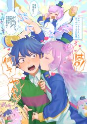 !? 1boy 1girl ^^^ bag bike_shorts blue_hair blue_hat blue_shorts blush clenched_hands closed_eyes collared_shirt commentary_request double_bun dress_shirt gradient_hair green_ribbon green_sweater grey_eyes hair_bun hat hat_ribbon heart hetero highres jacket kawaii_kotarou kiss kissing_cheek long_hair long_sleeves mini_hat mini_top_hat monster_girl multicolored_clothes multicolored_hair multicolored_jacket open_mouth outstretched_arm parted_bangs pink_hair puniru_(puniru_wa_kawaii_slime) puniru_wa_kawaii_slime ribbon shirt short_hair shorts shoulder_bag sjukucho slime_girl smile sound_effects speech_bubble surprise_kiss surprised sweat sweater top_hat translation_request two-tone_hair white_jacket white_shirt yellow_footwear