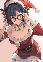 1girl adjusting_eyewear bare_shoulders bell belt black_belt black_hair blue_eyes blush bow bowtie breasts choker christmas closed_mouth commentary dress english_commentary glasses green_bow green_bowtie hair_bell hair_ornament hakamichi_shizune hand_on_eyewear hand_on_own_head hat highres holly katawa_shoujo looking_at_viewer medium_breasts nerunemuteto pom_pom_(clothes) red_dress red_sleeves santa_dress santa_hat short_hair solo