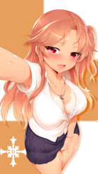 Rule 34 | 1girl, :d, arm up, armpits, between thighs, blush, bra, breasts, cleavage, collarbone, enami rika, fang, female masturbation, fingernails, foreshortening, highres, jewelry, large breasts, light brown hair, long fingernails, looking at viewer, m-da s-tarou, masturbation, nail polish, navel, necklace, one-piece tan, one side up, open mouth, original, pink bra, pink eyes, pinky out, pleated skirt, reaching, reaching towards viewer, school uniform, selfie, sidelocks, skirt, smile, solo, tan, tanline, underwear, wristband
