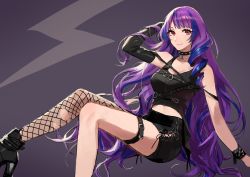 Rule 34 | 1girl, alternate costume, arm behind head, fishnet thighhighs, fishnets, highres, long hair, looking at viewer, macross, macross delta, mikumo guynemer, pote-mm, purple hair, red eyes, sitting, smile, solo, thigh strap, thighhighs, very long hair