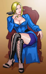 Rule 34 | 1girl, bad id, bad pixiv id, blonde hair, blue eyes, boots, bow, breasts, head rest, cleavage, cross-laced footwear, dead or alive, hair bow, helena douglas, high heels, knee boots, lace-up boots, large breasts, crossed legs, lips, long hair, nose, shoes, shorts, shorts under skirt, sitting, solo, take (draghignazzo), tecmo, unfinished