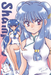 Rule 34 | 1girl, blue hair, cat, character name, china dress, chinese clothes, dress, long hair, non-web source, ranma 1/2, red eyes, shampoo (ranma 1/2), solo, zoom layer
