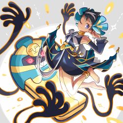 Rule 34 | 1girl, ;), anklet, barefoot, black dress, black hair, blue eyes, breasts, closed mouth, cofagrigus, commentary request, creatures (company), detached sleeves, dress, eyelashes, ffccll, flower, game freak, gen 5 pokemon, green flower, hair flower, hair ornament, hairband, hand up, highres, jewelry, legs, medium breasts, neck ring, nintendo, official alternate costume, one eye closed, phoebe (fall 2023) (pokemon), phoebe (pokemon), pokemon, pokemon (creature), pokemon masters ex, short hair, smile, toes