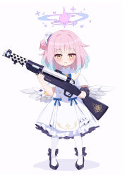 Rule 34 | 1girl, absurdres, angel wings, black footwear, blue archive, blush, capelet, closed mouth, dress, feathered wings, feza chen (ushaku), flower, full body, gun, hair bun, hair flower, hair ornament, halo, highres, holding, holding gun, holding weapon, medium hair, mika (blue archive), pantyhose, pink hair, pink halo, purple flower, shoes, simple background, single side bun, solo, weapon, white background, white capelet, white dress, white pantyhose, white wings, wings, yellow eyes