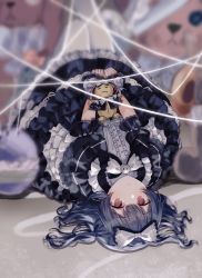 Rule 34 | 1girl, absurdres, black dress, black hair, blurry, blurry background, blush, bow, closed mouth, doll, dress, frilled dress, frills, gothic lolita, hair bow, highres, holding, holding doll, hypnosis, idolmaster, idolmaster shiny colors, lolita fashion, looking at viewer, lying, medium hair, migolu, mind control, morino rinze, on back, pantyhose, red eyes, solo, stuffed animal, stuffed toy, white pantyhose, wrist cuffs