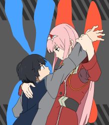 Rule 34 | 10s, 1boy, 1girl, black hair, blue eyes, couple, darling in the franxx, green eyes, highres, hiro (darling in the franxx), horns, hug, long hair, long sleeves, looking at another, military, military uniform, oni horns, pink hair, short hair, triangle bullet, uniform, zero two (darling in the franxx)